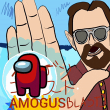 a cartoon of a man holding a red among us character and the words amagusblast