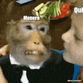 a monkey wearing a tuxedo and bow tie is being kissed by a boy
