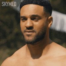 a shirtless man with a beard is featured in a skymed ad