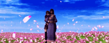 two people standing in a field of pink flowers