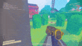 a screenshot of a video game with a gun in the foreground and a sign that says status