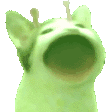 a green cat with its mouth open and ears sticking out .