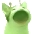 a green cat with its mouth open and ears sticking out .