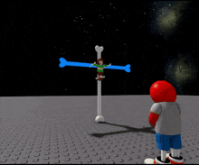 a cartoon character is standing in front of a cross with a fireball coming out of it