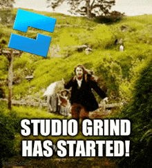 a picture of a man running in a field with the words studio grind has started