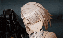 a girl with white hair is holding a gun in a video game with the words click here below her