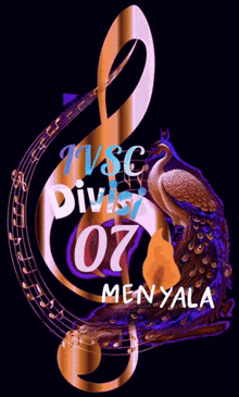 a purple and gold treble clef with a peacock and the words tvsc division 07 menyala