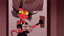 a cartoon character is holding a tray of coffee cups that say starbucks
