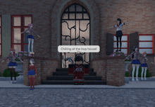a group of anime characters are standing in front of a brick building and one of them says " chilling at the bop house "