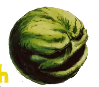 a green ball with a face on it and a yellow n on the bottom
