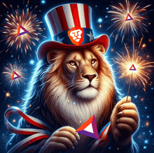 a lion wearing an uncle sam hat holding a sparkler