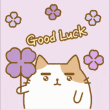 a cartoon cat holding a purple flower with the words good luck elelel below it