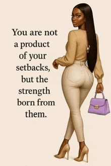 a woman is holding a purple purse and has a quote on her back