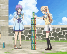 two anime girls are playing a game with a stack of cans that say ' coca cola '