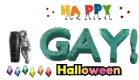 a happy halloween sign with a statue of a man holding a coffin and ghosts