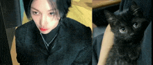a black cat is being held by a woman in a black jacket