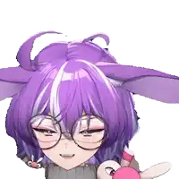 a girl with purple hair and glasses is holding a stuffed animal and smiling .