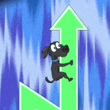 a cartoon dog is hanging on a green arrow pointing upwards