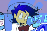 a cartoon character wearing a helmet with the word " water " on it