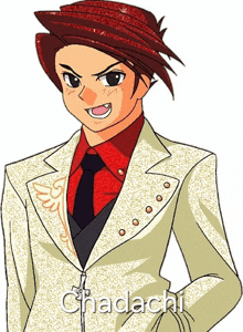 a cartoon drawing of a man in a suit and tie with the name chadachi below him