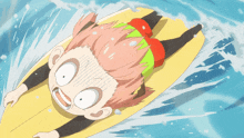 a cartoon character is laying on a surfboard in the water