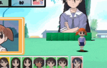 a girl with red hair is standing in front of a green block with the number 3 on it