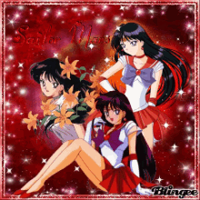 a picture of sailor mars with flowers and stars in the background