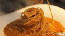 a close up of a plate of spaghetti with the words made in animotica on the bottom