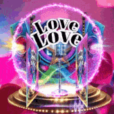 a microphone is on a stage with the words love love surrounding it