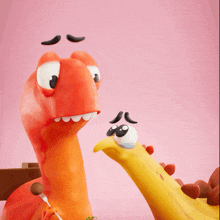 a cartoon of a dinosaur eating a banana with a fork in its mouth