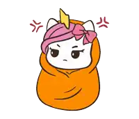 a cartoon of a unicorn wrapped in an orange blanket with an angry face
