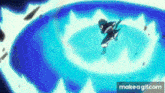 a person is flying through a blue circle with a flame coming out of it .