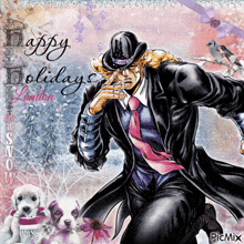 a picture of a man in a suit and tie with the words happy holidays london on the bottom