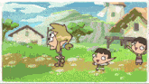 a cartoon of link standing in a grassy field with two children