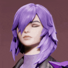 a close up of a woman 's face with purple hair and eyes closed