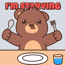 a teddy bear holding a spoon and fork with the words i 'm starving below it