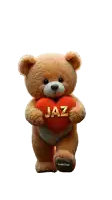 a brown teddy bear holding a red heart that says jaz