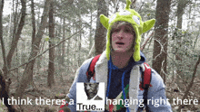 a man wearing a green alien hat says " i think there 's a true hanging right there "