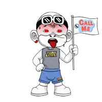 a cartoon character holding a flag that says call me on it