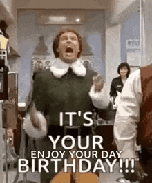 a man is screaming in a room with the words `` it 's your birthday !!! '' .