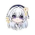 a chibi girl with white hair and purple eyes is holding a question mark .