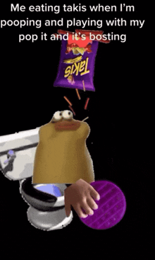 a cartoon character is holding a bag of takis