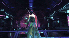 a video game character with glowing green eyes and a purple background