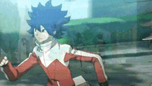a cartoon character with blue hair is running down the street .