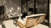 a couch with a white cushion sits on a patio in front of a window