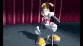 a cartoon character singing into a microphone on stage