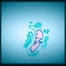 a blue background with a drawing of a pink and green object