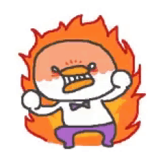 a cartoon duck is standing in front of a fireball .