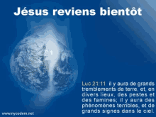jesus reviens bientot is written in white on a blue background