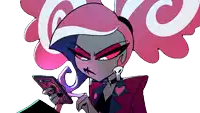 a cartoon character is holding a cell phone with the letter c on it